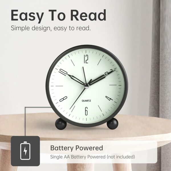 Silent Alarm Clock with Night Light - 4 Inch Battery Operated - Image 3