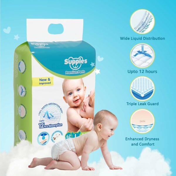 Supples Premium Baby Diaper Pants, Large, 62 Count, 12 Hrs Absorption - Image 3
