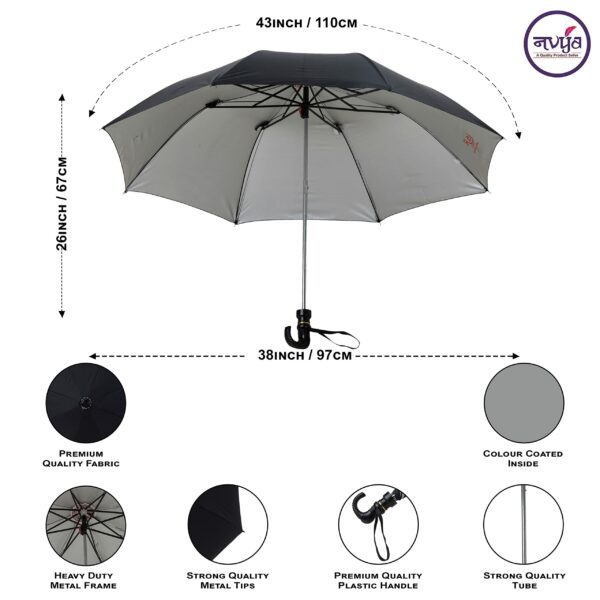 RICO Black Silver 2 Fold Polyester Umbrella - Hand Wash Only - Image 3