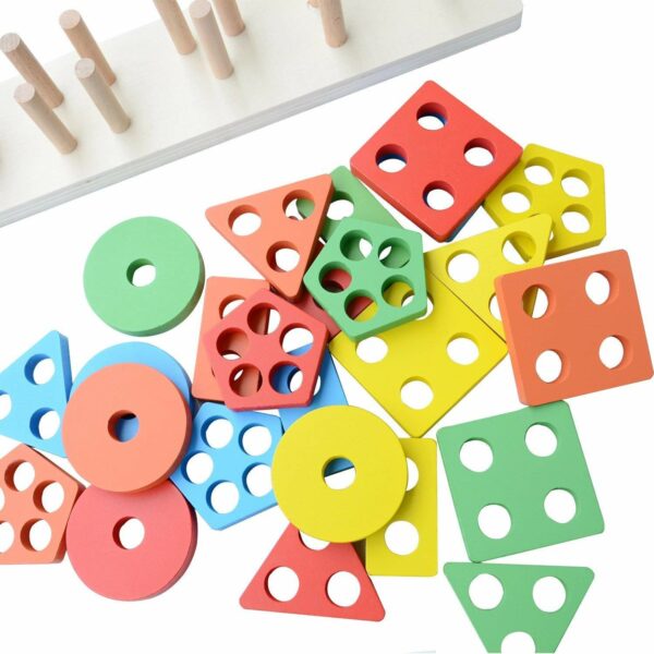 Kids Wooden Geometric Blocks Stacker Shape Sorter - 5 Columns - Image 2