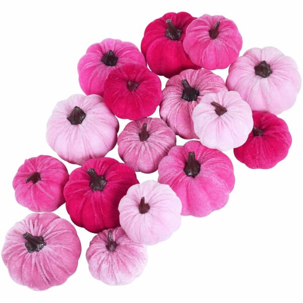 Set of 16 Faux Velvet Pumpkins in Pink for Fall Decor