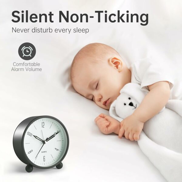 Silent Alarm Clock with Night Light - 4 Inch Battery Operated - Image 2