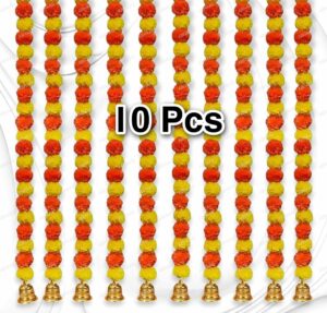 10 Pcs Handmade Artificial Marigold Garland for Festivals - Yellow & Orange with Bells