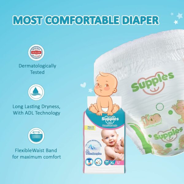 Supples Premium Baby Diaper Pants XL - 54 Count, 12 Hrs Absorption - Image 5
