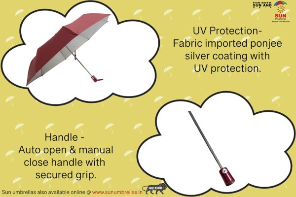 3 Fold Automatic Open Umbrella - UV Protection - Maroon - Image 6