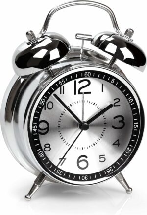 Loud Twin Bell Alarm Clock for Heavy Sleepers - Metal Silver