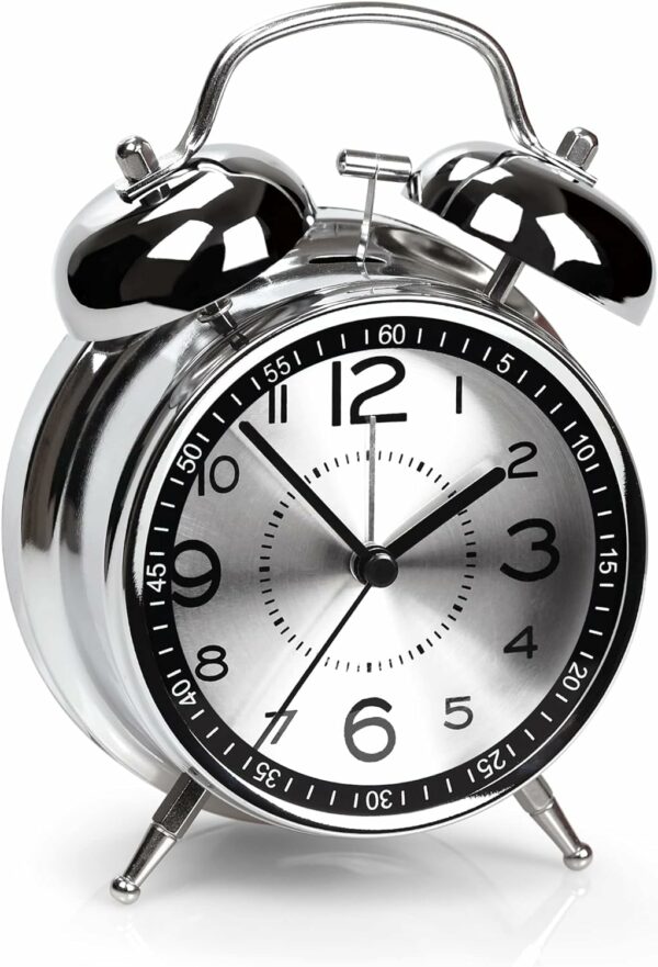 Loud Twin Bell Alarm Clock for Heavy Sleepers - Metal Silver