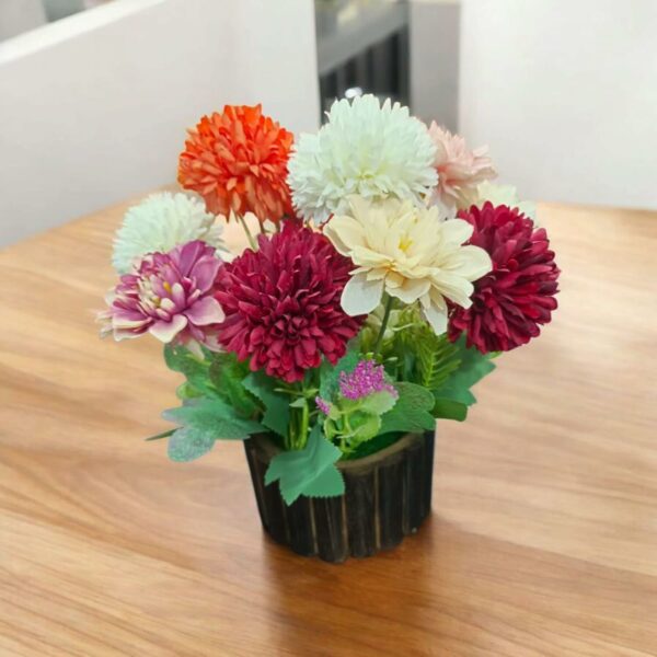 Artificial Dahlia Flower Bunch with Wooden Pot - 25cm Multicolor - Image 5