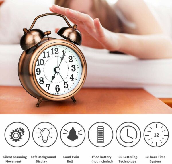 Vintage Table Alarm Clock with Night LED Light - Copper - Image 4