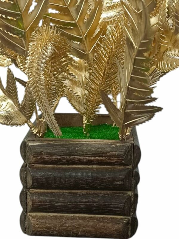 Artificial Golden Leaves Flowers Bunch with Wooden Pot - 30cm - Image 2