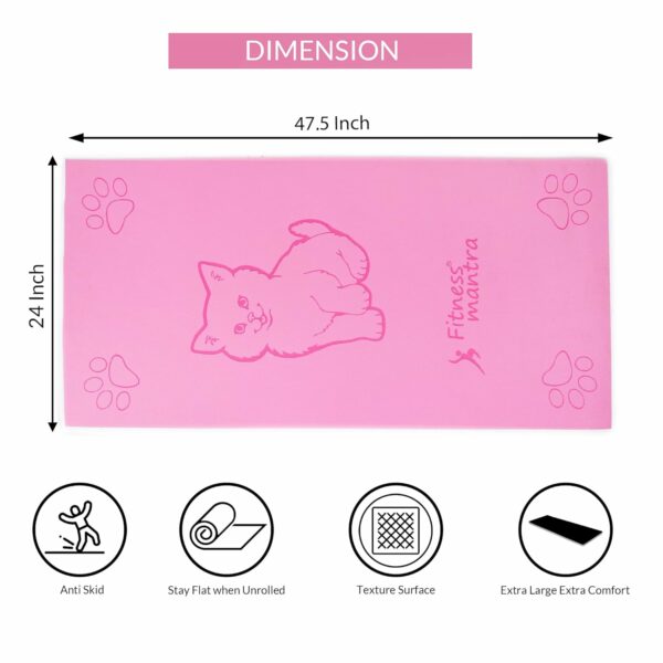 Kids Cat Design Yoga Mat with Carrying Strap - 2x4 ft Pink - Image 4