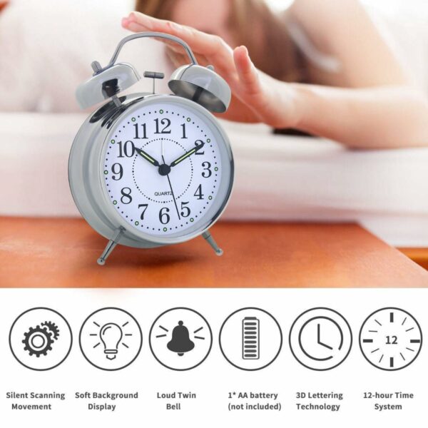 Vintage Twin Bell Alarm Clock - Battery Operated Silver - Image 3