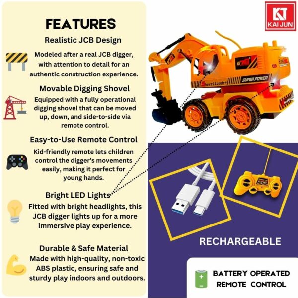Remote-Controlled JCB Digger Toy for Kids - Realistic Construction Vehicle - Image 4