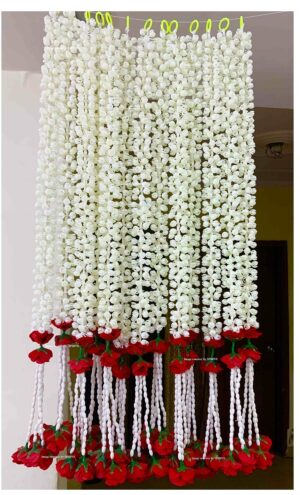 Artificial Jasmine Buds & Clustered Rose Strings - 2.5 ft, Red (6 Strings) for Festive Decor