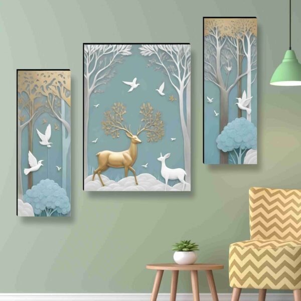 Set of 3 Deer Paintings for Wall Decoration - Large Framed Artwork - Image 2