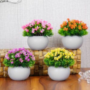 Pack of 4 Artificial Flower Plants in White Pots for Home & Office Decor