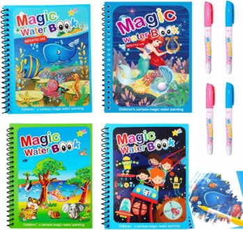 4-Pack Water Magic Coloring Books with Refillable Pens - Mess-Free Fun