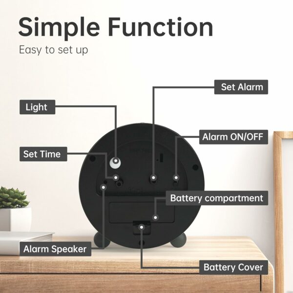 Silent Alarm Clock with Night Light - 4 Inch Battery Operated - Image 6