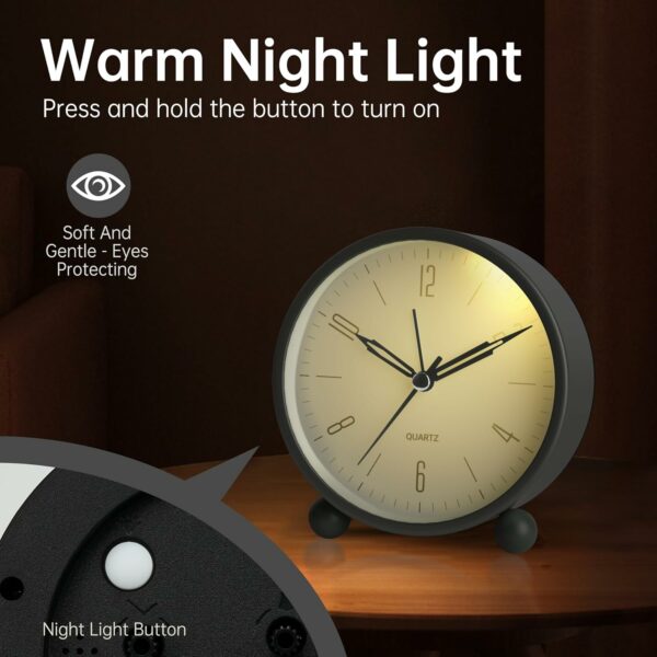Silent Alarm Clock with Night Light - 4 Inch Battery Operated - Image 4