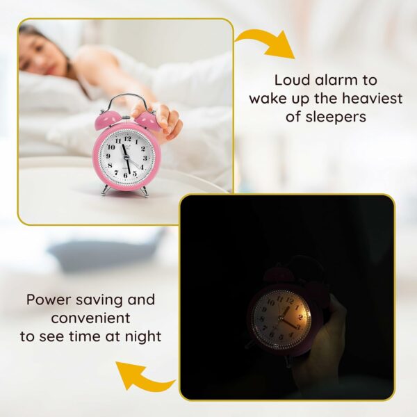 Silent Analog Desk Alarm Clock with Night Light - Pink - Image 4