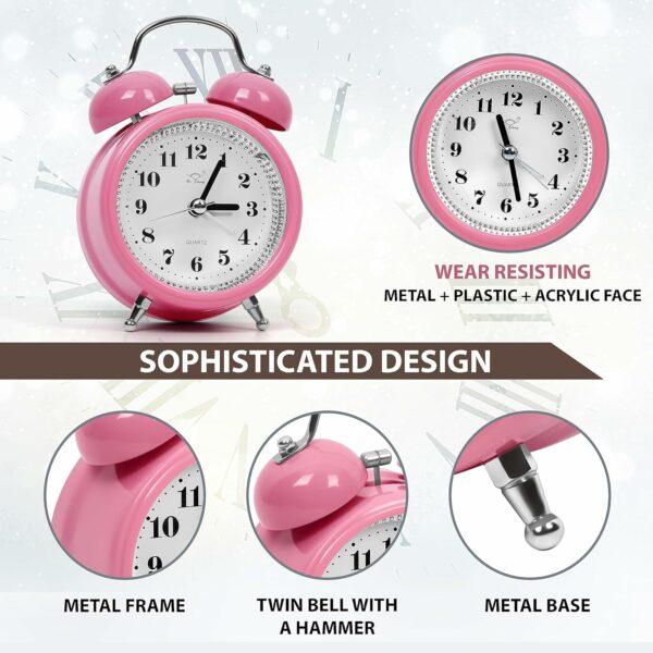 Silent Analog Desk Alarm Clock with Night Light - Pink - Image 5
